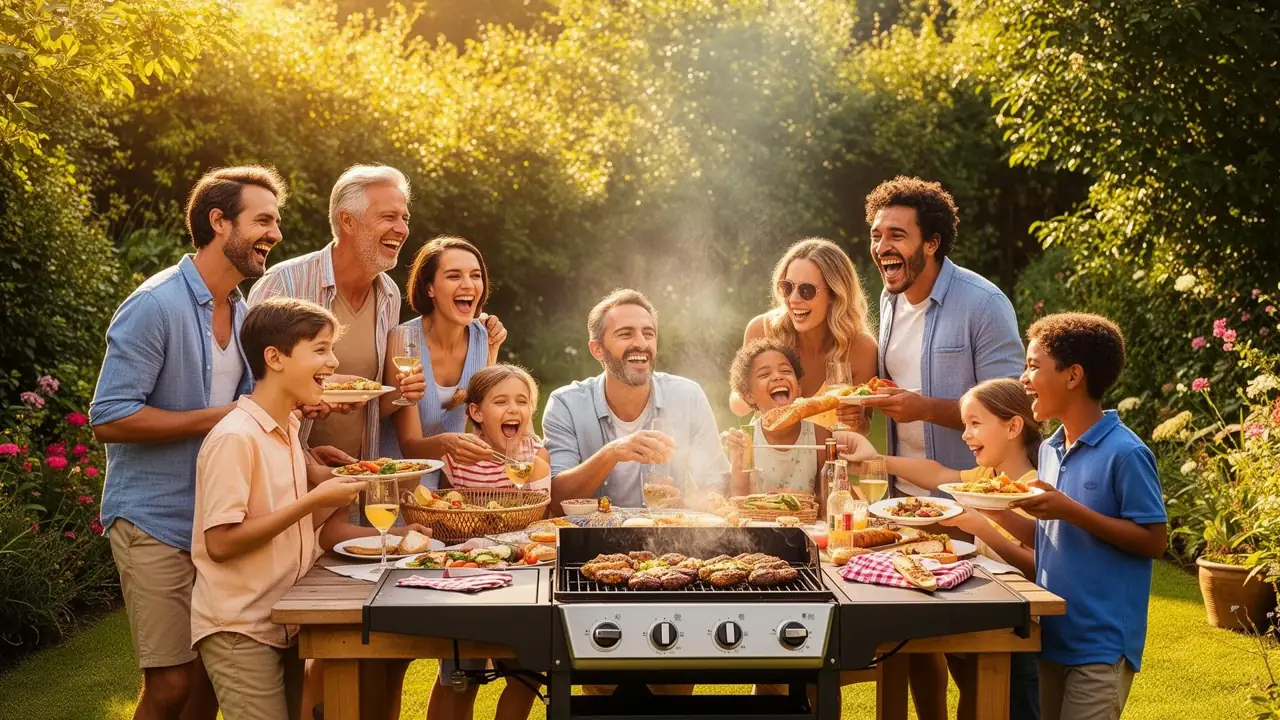 Familie og venner rundt en gassgrill i hagen (illustrasjonsbilde)