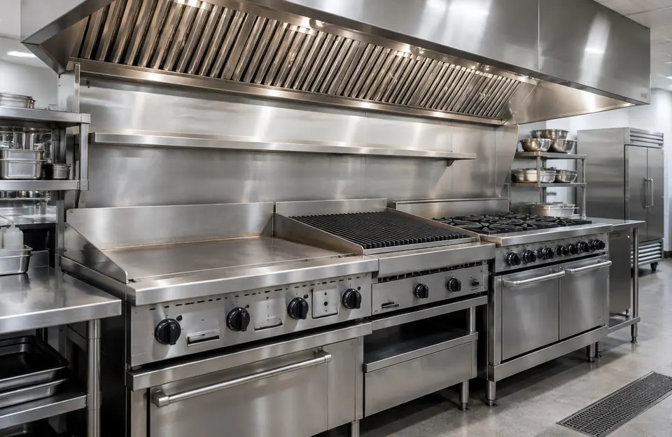 Illustrerende bilde av et restaurantkjøkken med kjøkkenhette og filtre i rustfritt stål, stekeplate, grill og industrikomfyr.